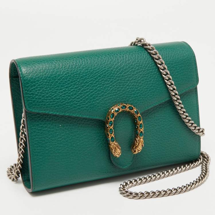 Pre Owned Gucci Green Leather Dionysus Wallet On Chain
