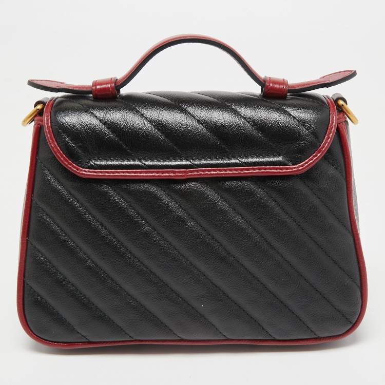 Pre Owned Gucci Black/Red Diagonal Quilt Leather Mini GG Marmont Top Handle Bag