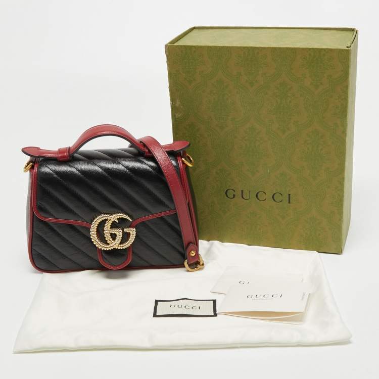 Pre Owned Gucci Black/Red Diagonal Quilt Leather Mini GG Marmont Top Handle Bag