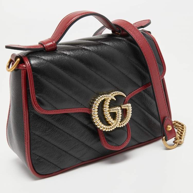 Pre Owned Gucci Black/Red Diagonal Quilt Leather Mini GG Marmont Top Handle Bag