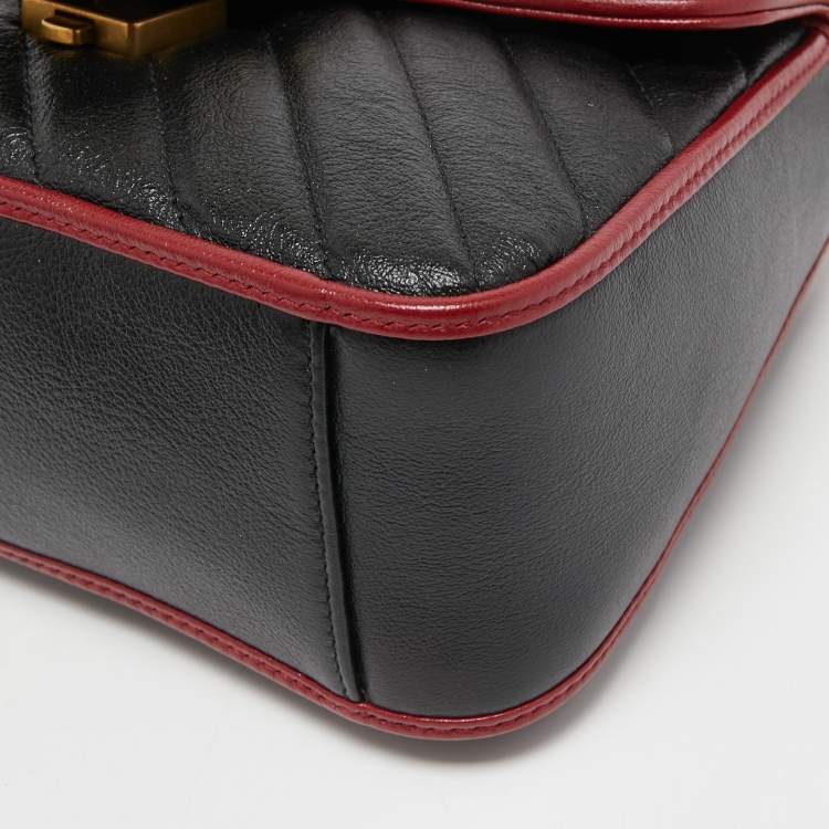 Pre Owned Gucci Black/Red Diagonal Quilt Leather Mini GG Marmont Top Handle Bag