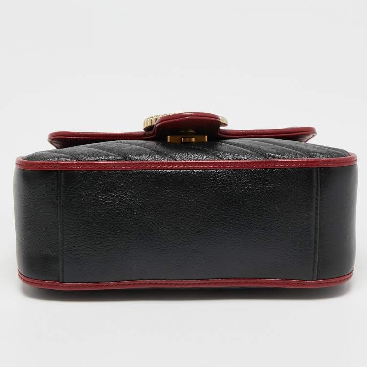 Pre Owned Gucci Black/Red Diagonal Quilt Leather Mini GG Marmont Top Handle Bag