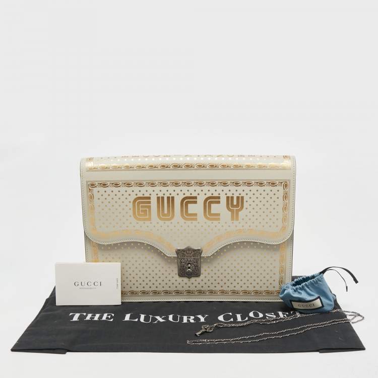 Pre Owned Gucci Off White Leather Guccy Portfolio Clutch