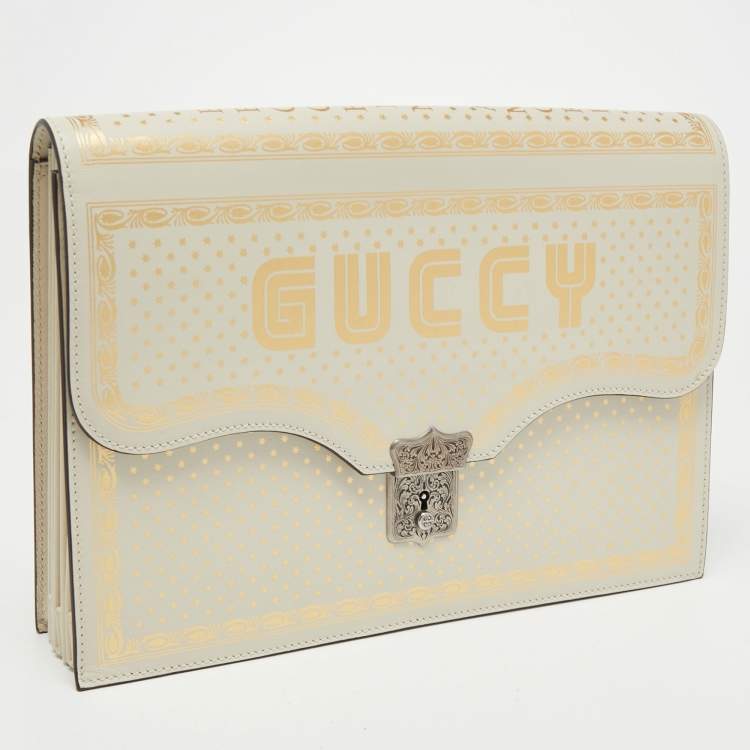 Pre Owned Gucci Off White Leather Guccy Portfolio Clutch