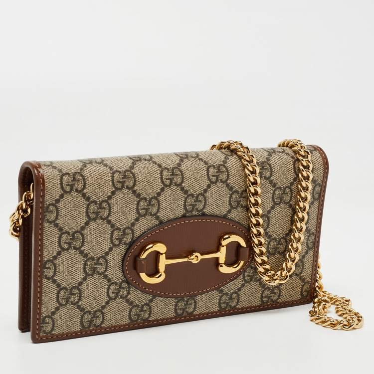 Pre Owned Gucci Brown/Beige GG Supreme Canvas and Leather Horsebit 1955 Wallet on Chain