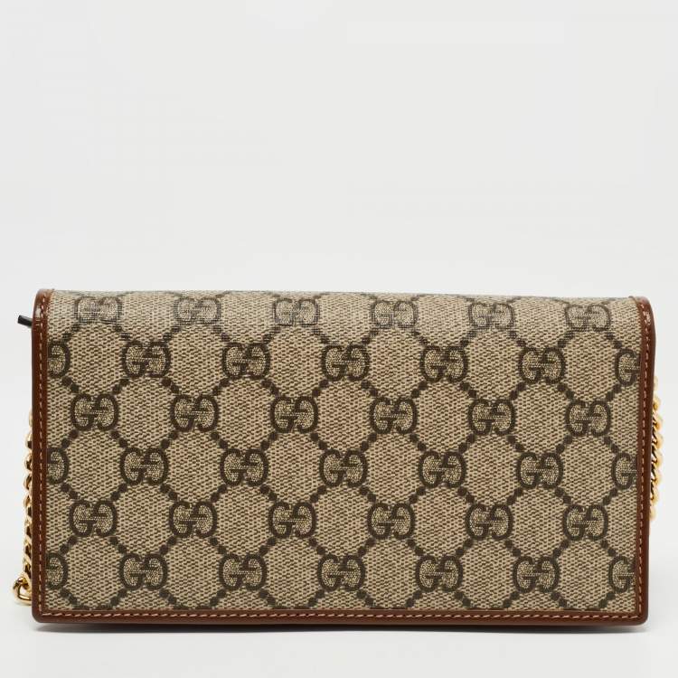 Pre Owned Gucci Brown/Beige GG Supreme Canvas and Leather Horsebit 1955 Wallet on Chain