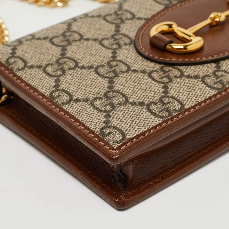 Pre Owned Gucci Brown/Beige GG Supreme Canvas and Leather Horsebit 1955 Wallet on Chain
