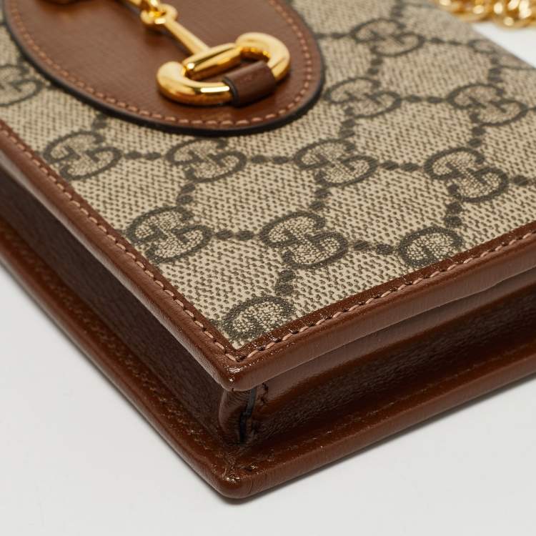 Pre Owned Gucci Brown/Beige GG Supreme Canvas and Leather Horsebit 1955 Wallet on Chain