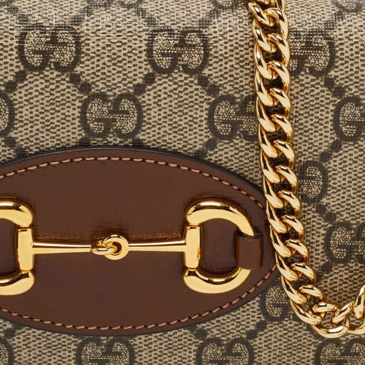 Pre Owned Gucci Brown/Beige GG Supreme Canvas and Leather Horsebit 1955 Wallet on Chain