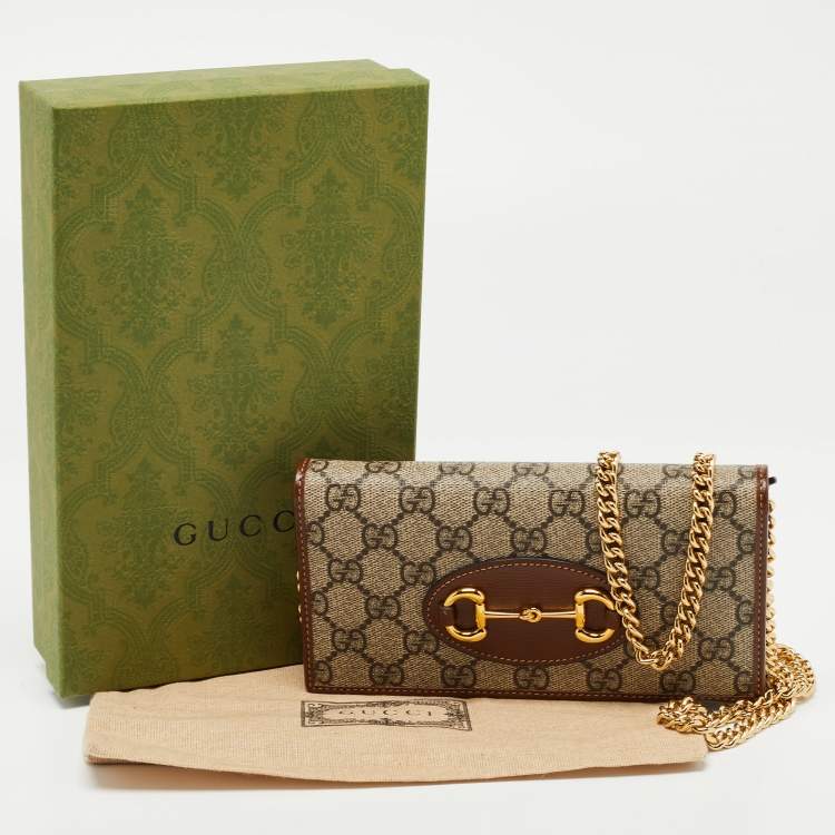 Pre Owned Gucci Brown/Beige GG Supreme Canvas and Leather Horsebit 1955 Wallet on Chain