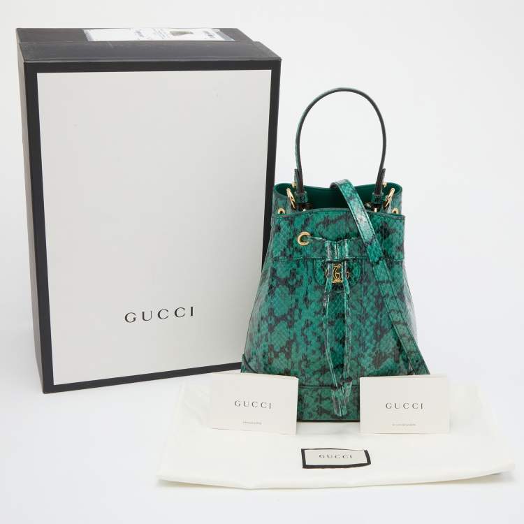 Pre Owned Gucci Green/Black Snakeskin Leather GG Ophidia Bucket Bag