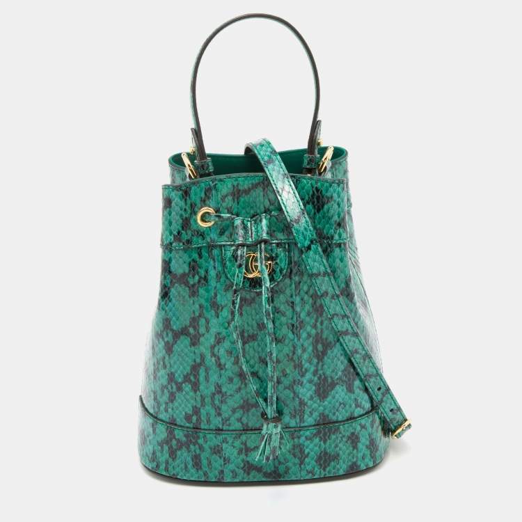Pre Owned Gucci Green/Black Snakeskin Leather GG Ophidia Bucket Bag