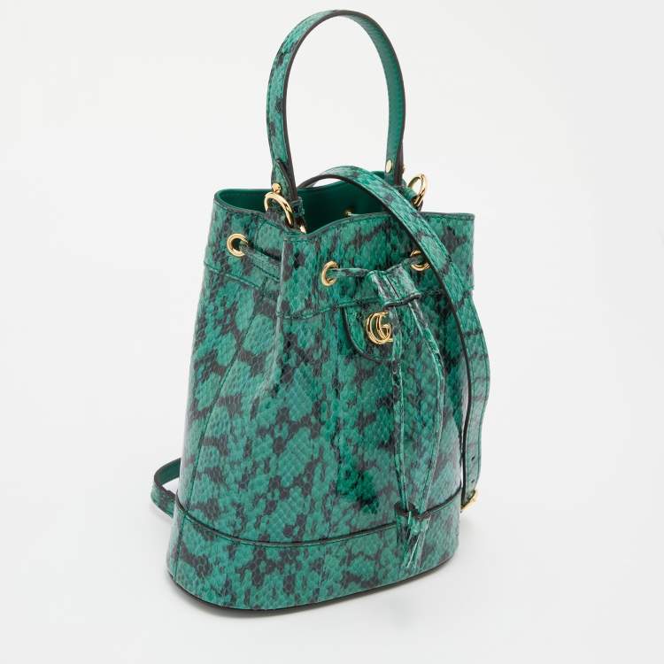 Pre Owned Gucci Green/Black Snakeskin Leather GG Ophidia Bucket Bag