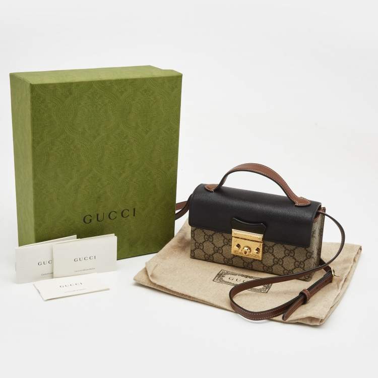 Pre Owned Gucci Black/Brown GG Supreme Canvas and Leather Mini Padlock Top Handle Bag