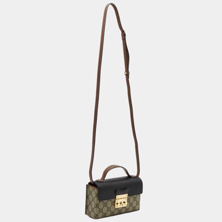 Pre Owned Gucci Black/Brown GG Supreme Canvas and Leather Mini Padlock Top Handle Bag
