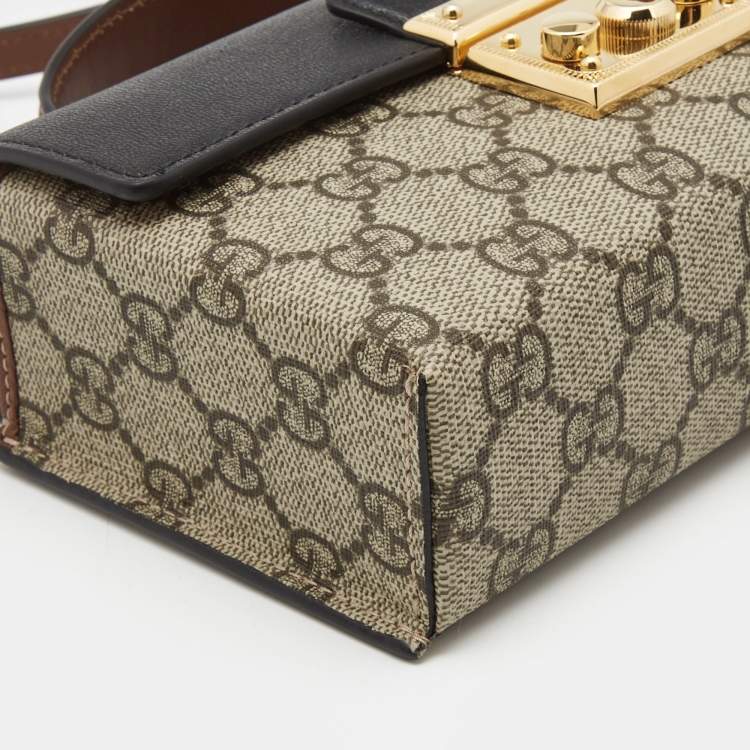 Pre Owned Gucci Black/Brown GG Supreme Canvas and Leather Mini Padlock Top Handle Bag