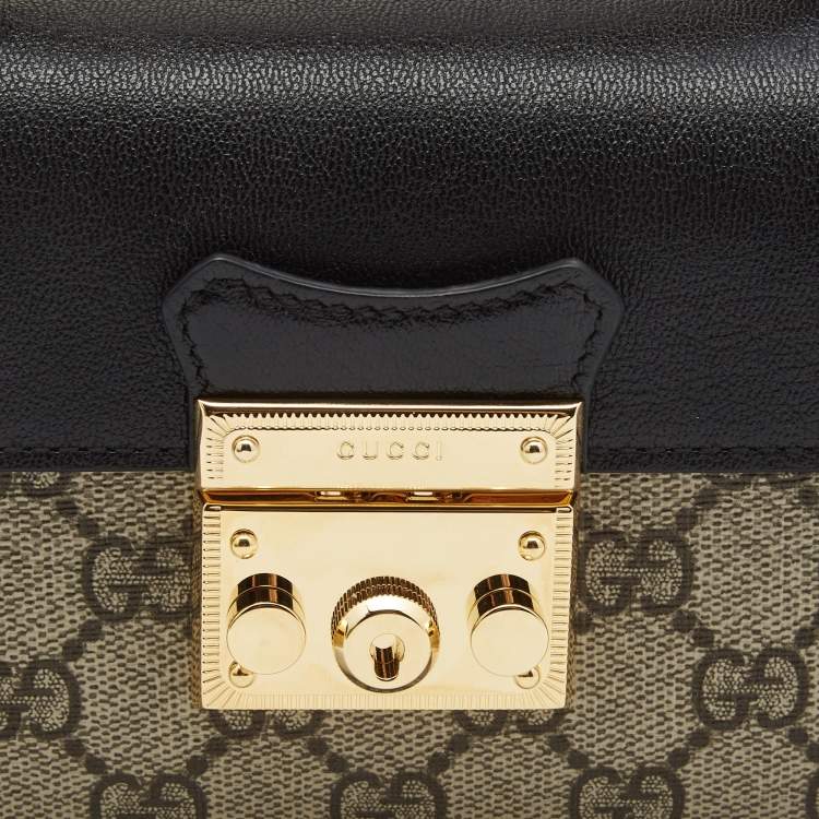 Pre Owned Gucci Black/Brown GG Supreme Canvas and Leather Mini Padlock Top Handle Bag