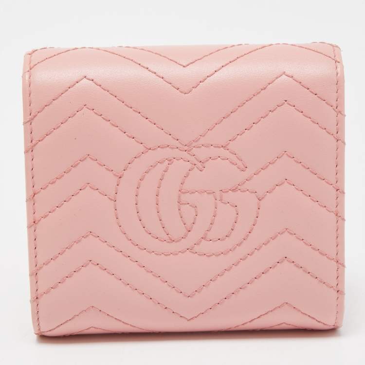 Pre Owned Gucci Pink Matelasse Leather GG Marmont Compact Wallet