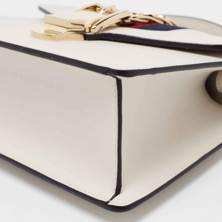 Pre Owned Gucci Off White Leather Mini Web Sylvie Top Handle Bag