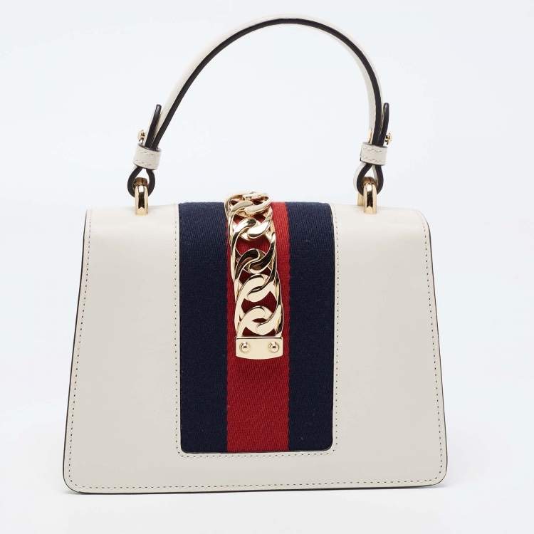 Pre Owned Gucci Off White Leather Mini Web Sylvie Top Handle Bag