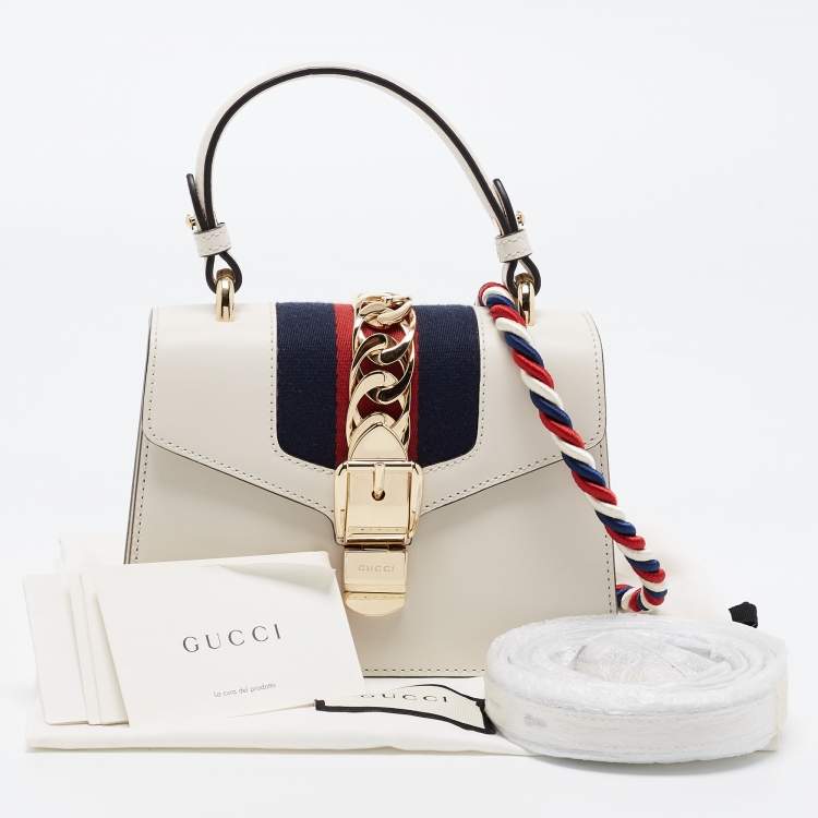 Pre Owned Gucci Off White Leather Mini Web Sylvie Top Handle Bag