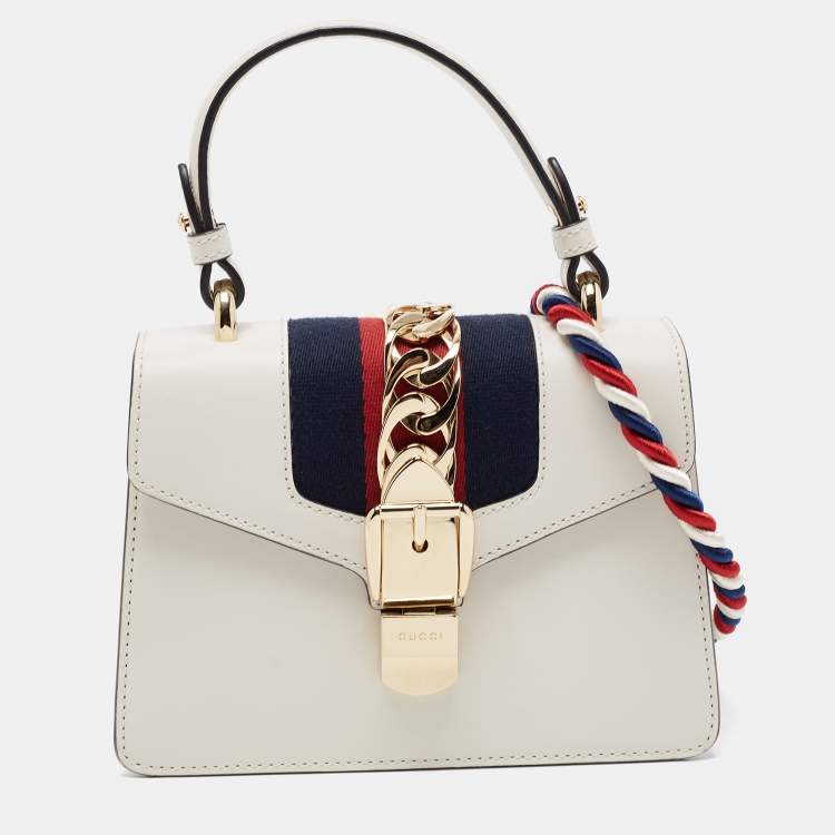 Pre Owned Gucci Off White Leather Mini Web Sylvie Top Handle Bag