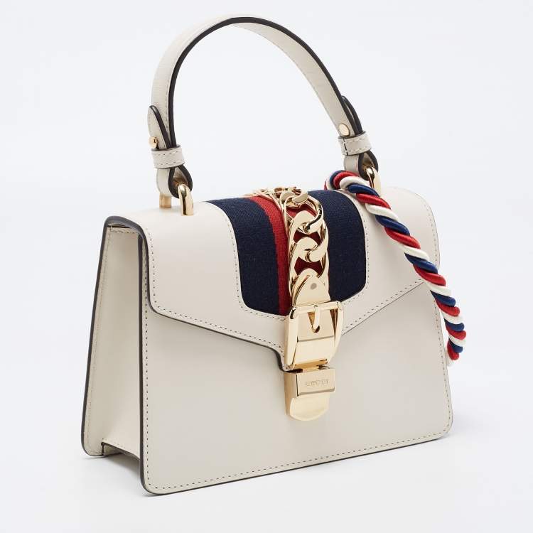 Pre Owned Gucci Off White Leather Mini Web Sylvie Top Handle Bag