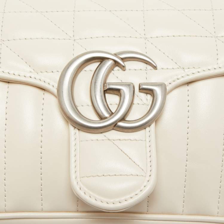 Pre Owned Gucci Off White Mix Quilted Leather Small GG Marmont Shoulder Bag