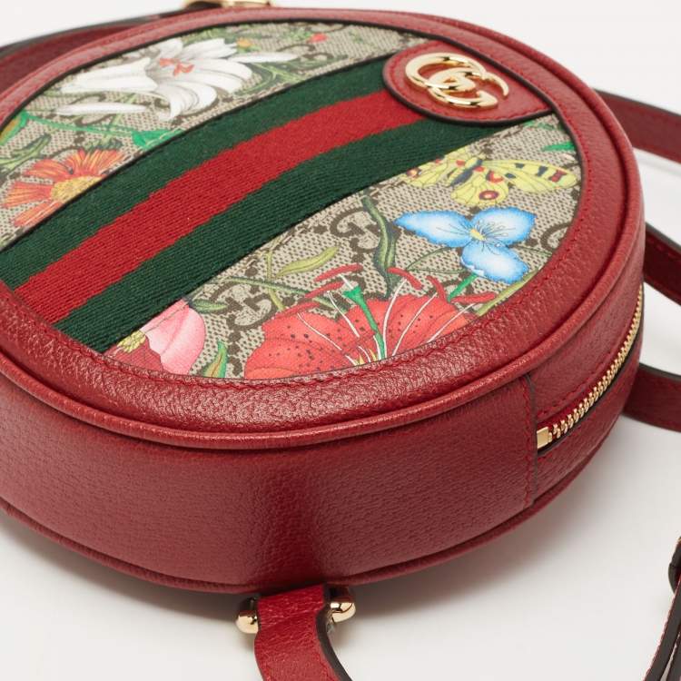Pre Owned Gucci Red GG supreme Canvas and Leather Mini Floral Ophidia Backpack