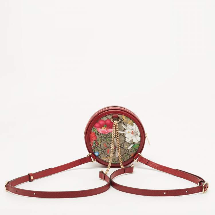 Pre Owned Gucci Red GG supreme Canvas and Leather Mini Floral Ophidia Backpack