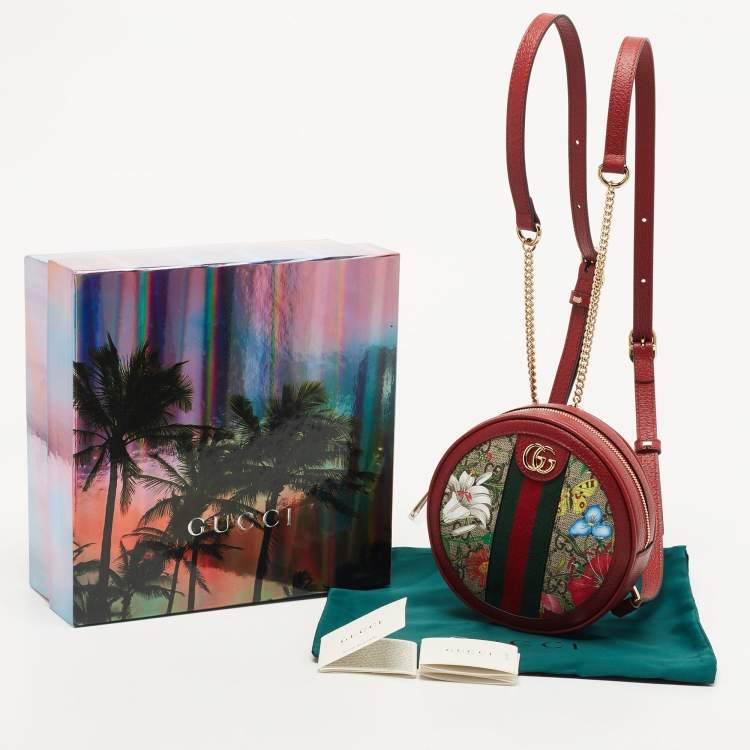 Pre Owned Gucci Red GG supreme Canvas and Leather Mini Floral Ophidia Backpack