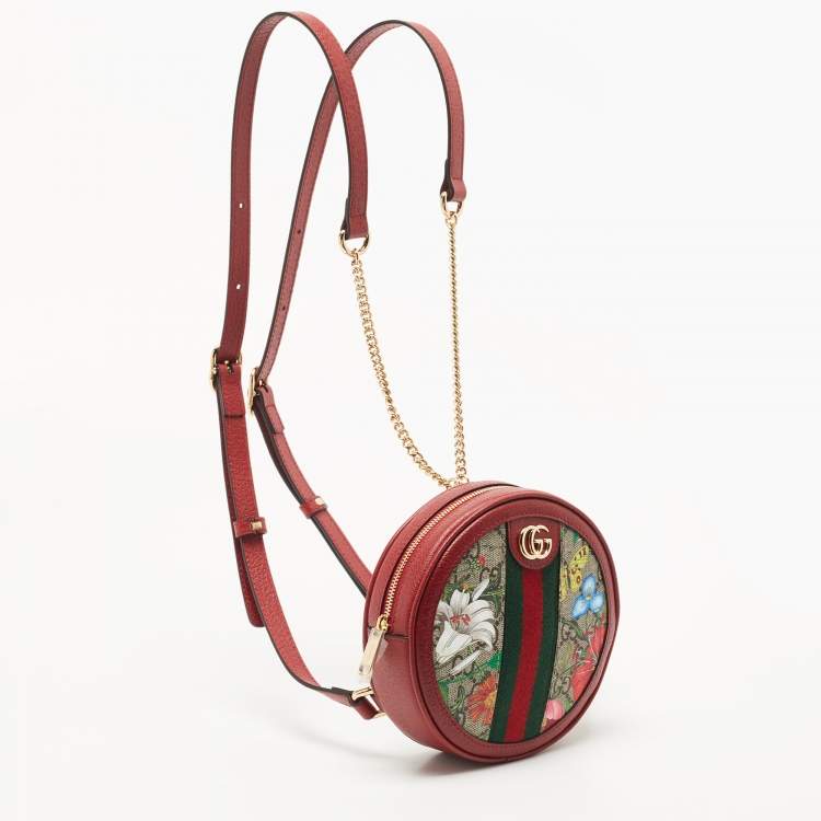 Pre Owned Gucci Red GG supreme Canvas and Leather Mini Floral Ophidia Backpack