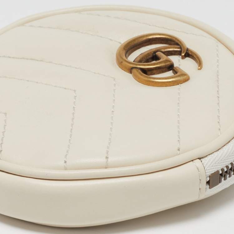Pre Owned Gucci Off White Matelasse Leather GG Marmont Round Coin Purse