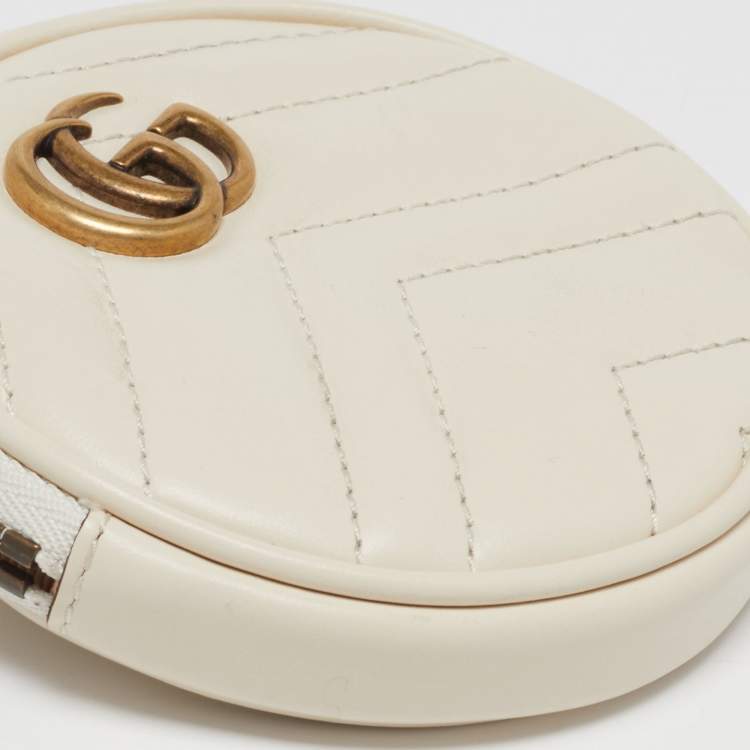 Pre Owned Gucci Off White Matelasse Leather GG Marmont Round Coin Purse