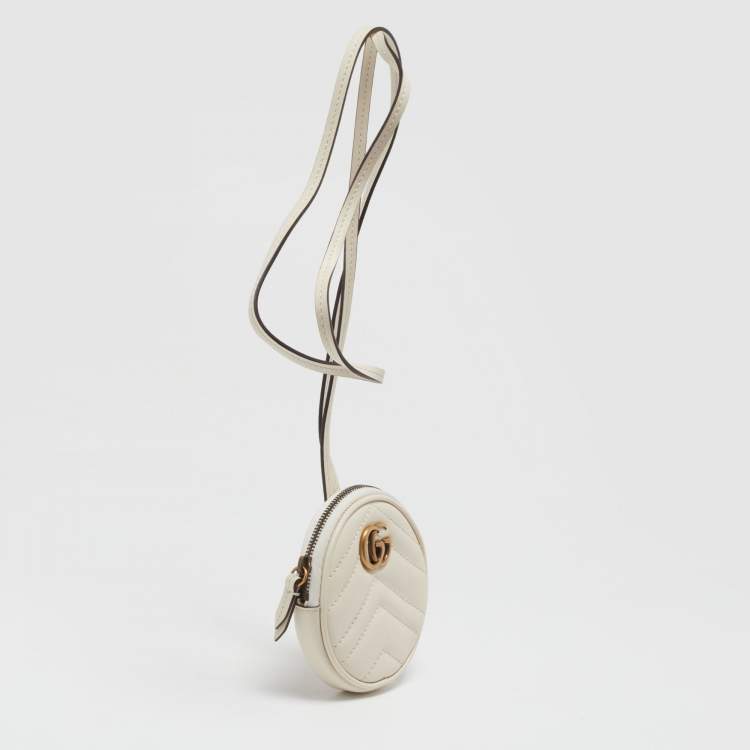 Pre Owned Gucci Off White Matelasse Leather GG Marmont Round Coin Purse