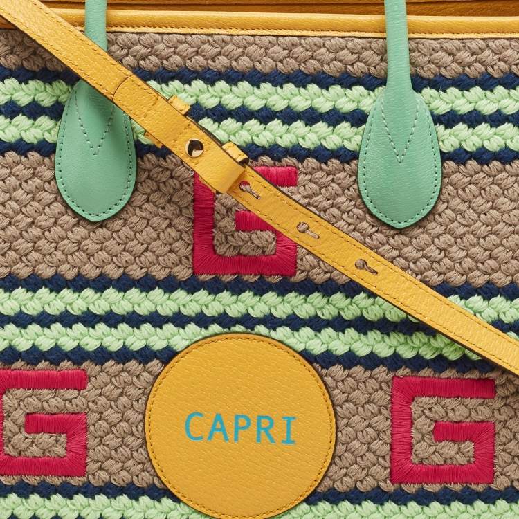 Pre Owned Gucci Multicolor Woven Fabric and Leather Square G Capri Stripe Tote