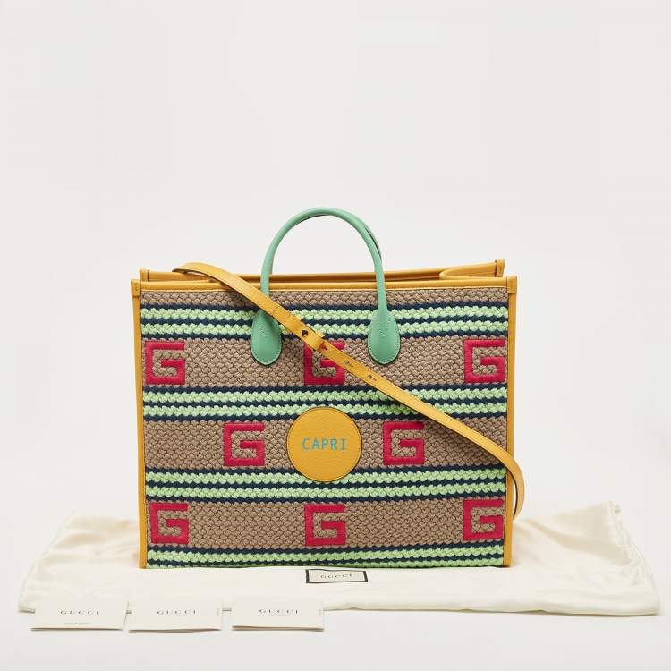 Pre Owned Gucci Multicolor Woven Fabric and Leather Square G Capri Stripe Tote