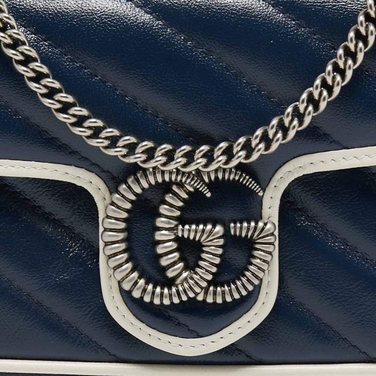 Pre Owned Gucci Dark Blue/White Diagonal Matelassé Leather Super Mini Torchon GG Marmont Bag