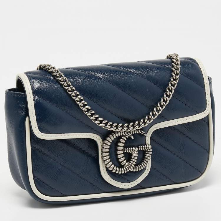 Pre Owned Gucci Dark Blue/White Diagonal Matelassé Leather Super Mini Torchon GG Marmont Bag