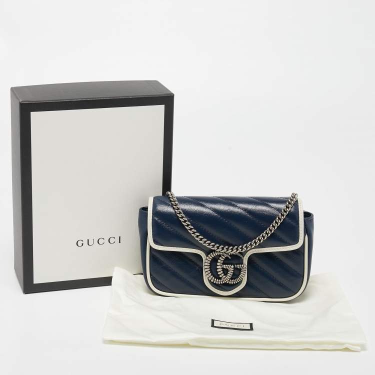 Pre Owned Gucci Dark Blue/White Diagonal Matelassé Leather Super Mini Torchon GG Marmont Bag