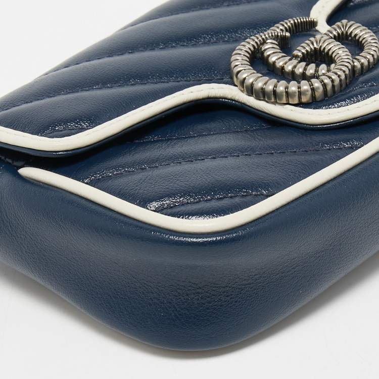 Pre Owned Gucci Dark Blue/White Diagonal Matelassé Leather Super Mini Torchon GG Marmont Bag