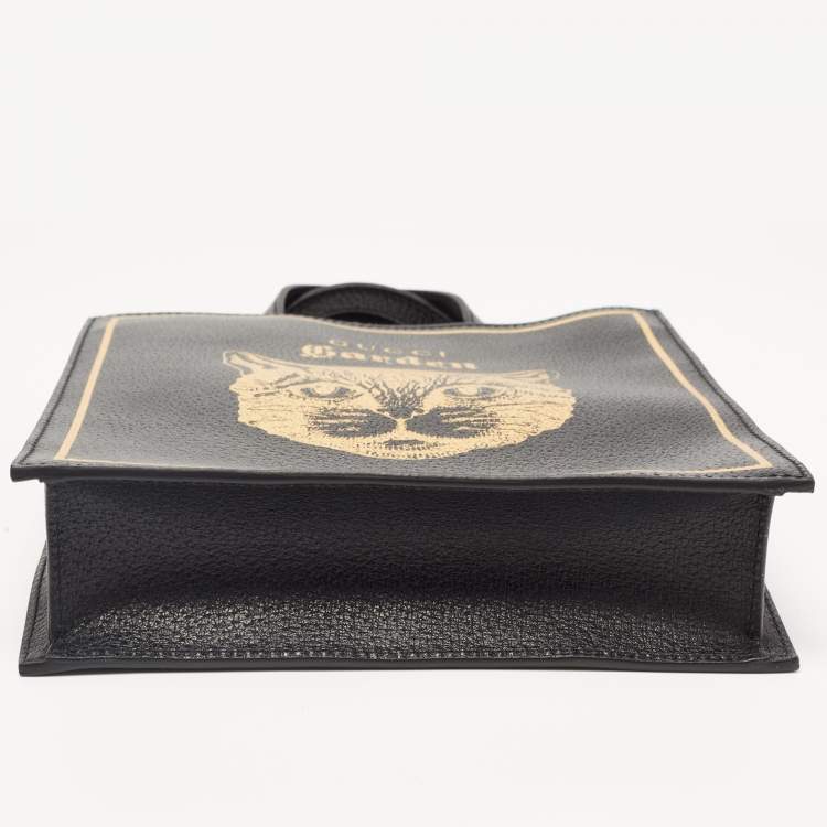 Pre Owned Gucci Garden Black Leather Cat Print Tote
