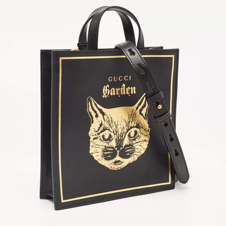 Pre Owned Gucci Garden Black Leather Cat Print Tote