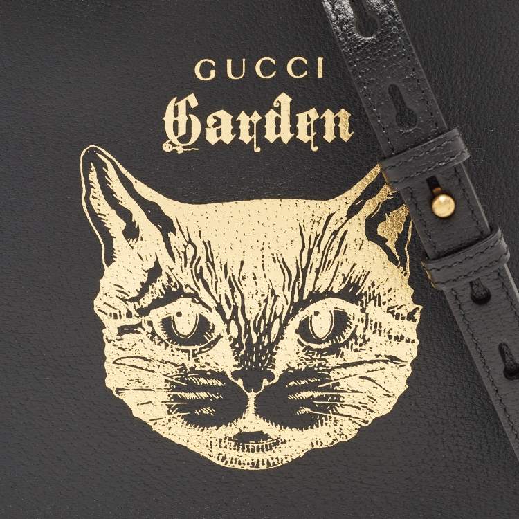 Pre Owned Gucci Garden Black Leather Cat Print Tote