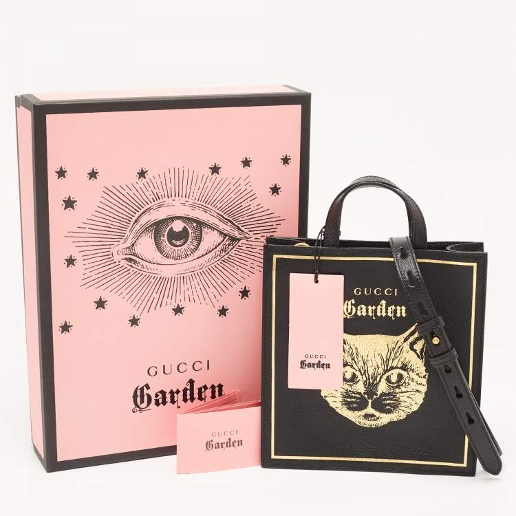 Pre Owned Gucci Garden Black Leather Cat Print Tote