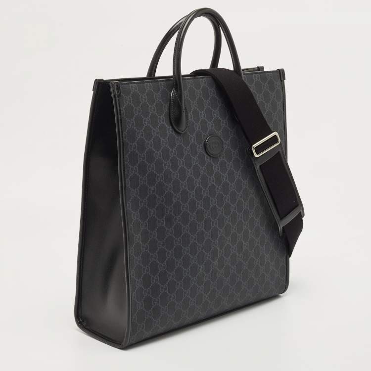 Pre Owned Gucci Black GG Supreme Canvas and Leather Medium Interlocking G Tote