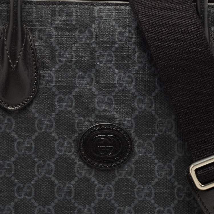 Pre Owned Gucci Black GG Supreme Canvas and Leather Medium Interlocking G Tote