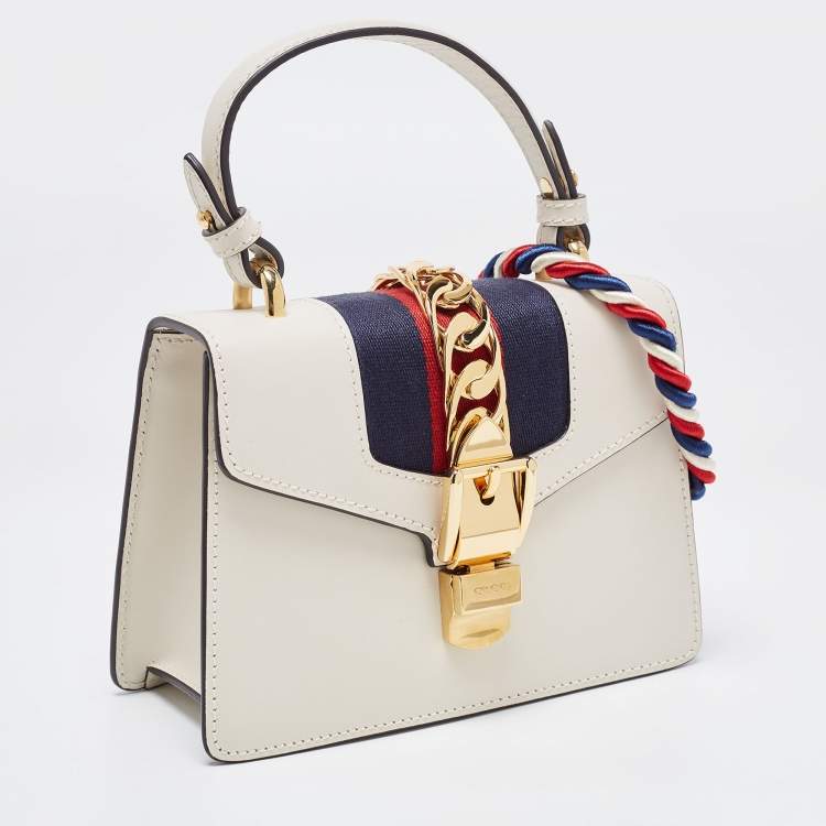 Pre Owned Gucci Off White Leather Mini Web Sylvie Top Handle Bag