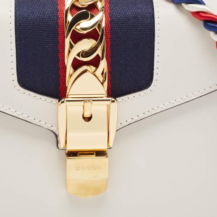 Pre Owned Gucci Off White Leather Mini Web Sylvie Top Handle Bag