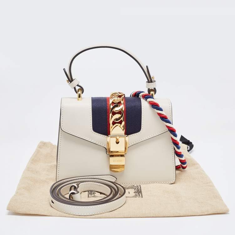 Pre Owned Gucci Off White Leather Mini Web Sylvie Top Handle Bag